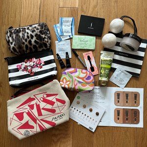 Laura Mercier Sephora Shiseido YSL Benefit Merit LOT makeup bags, powder samples